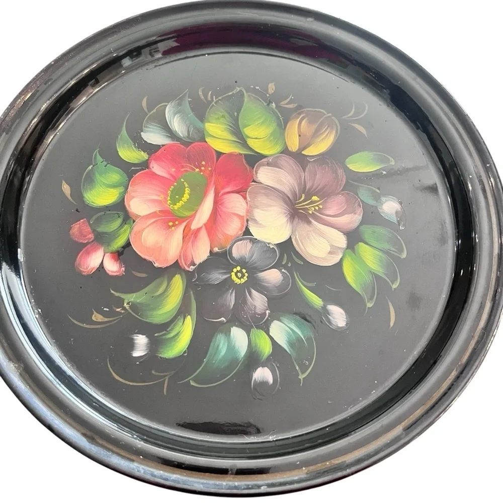 Vintage Russian Floral Decorative Tole Painted Floral Metal Plates Folk Art
